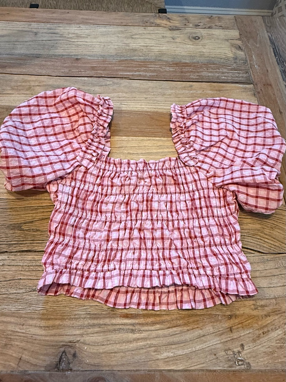 English Factory Pink Plaid Smocked Crop Top Puff Sleeve Coquette Size S